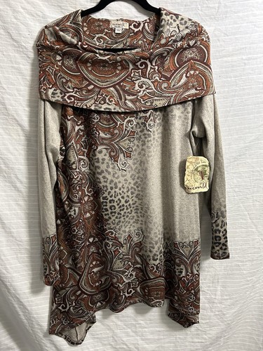 One World verzierte Tunika Top Damen Wasserfallausschnitt Leopard Paisleymuster Größe 1X