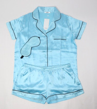 Women's Silk Satin Button Up Soft Two-Piece Pajama Set Sleepwear Large Blue L