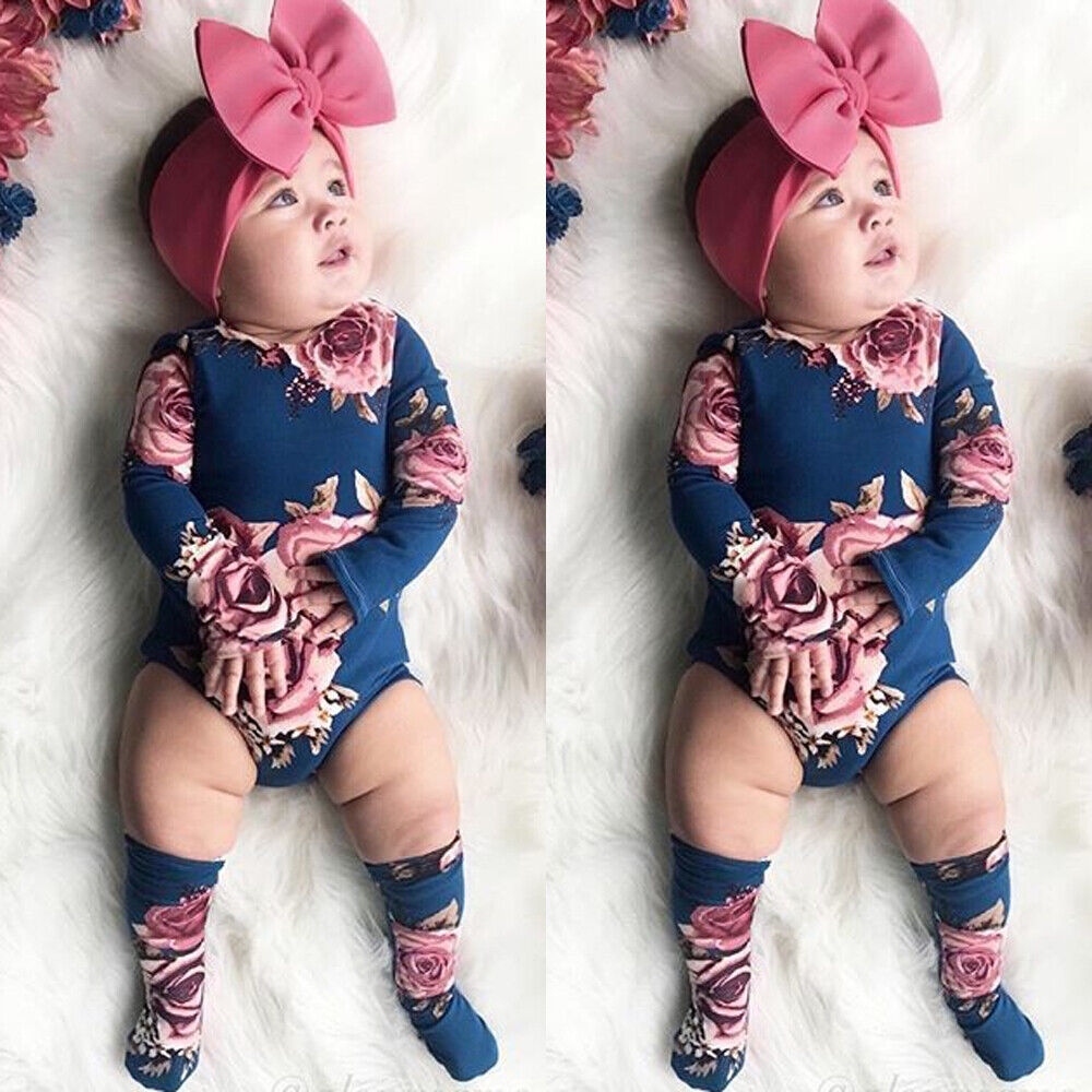 US Baby Newborn Girl Flower Romper Bodysuit Jumpsuit Leg Warmer