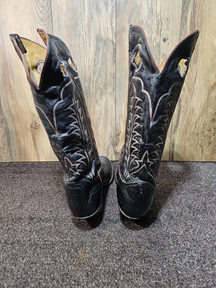 Vintage Tony Lama Black Bullhide Leather Western Buckaroo Riding Boots ...