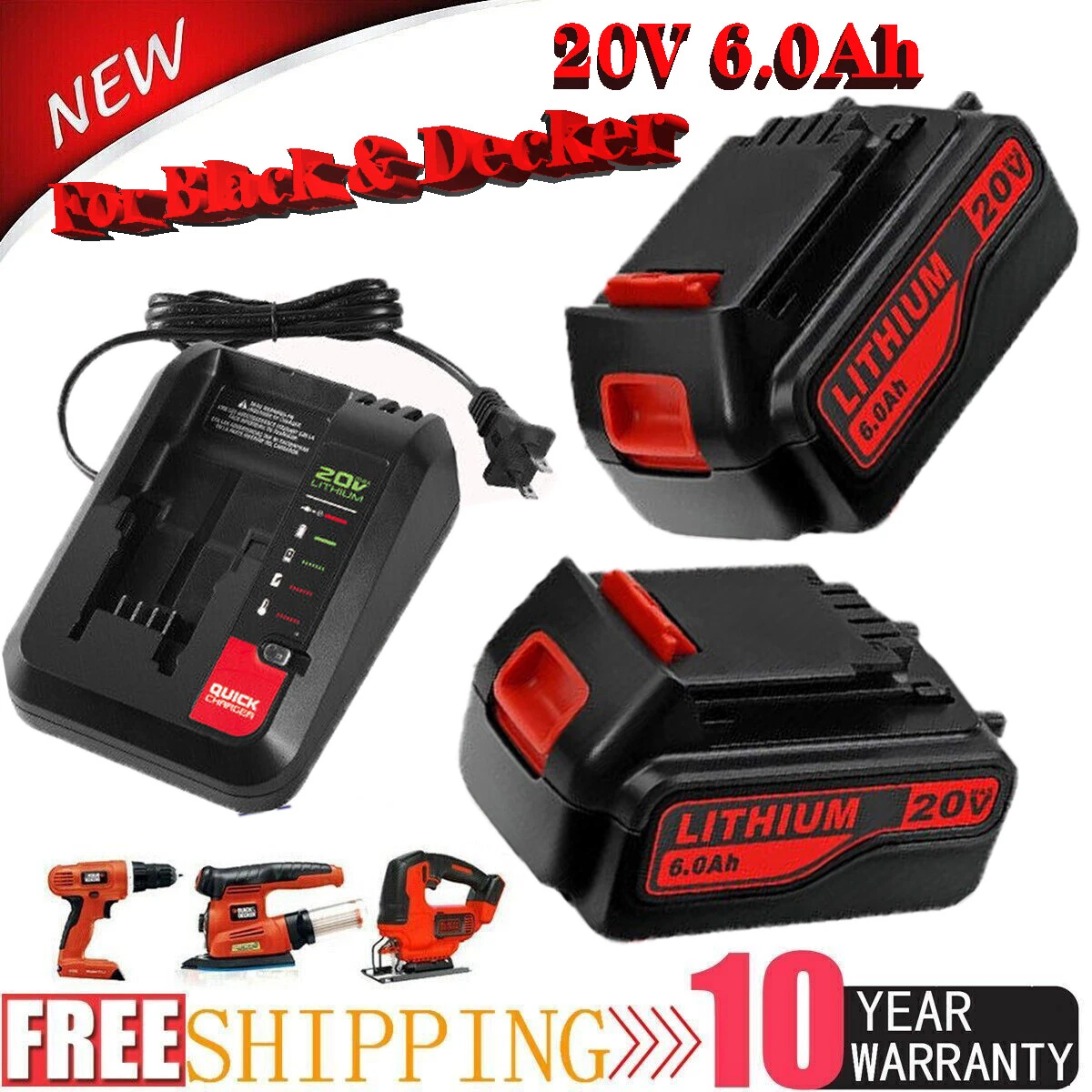 For Black & Decker 20v 6.0 Ah Lithium ion Battery/Charger LBXR2520 LBXR20