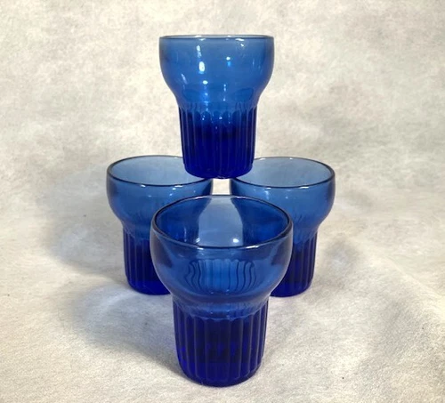 4 Vintage COBALT BLUE Depression SHOT Glass SET Hazel Atlas RIBBED Vertical RIB