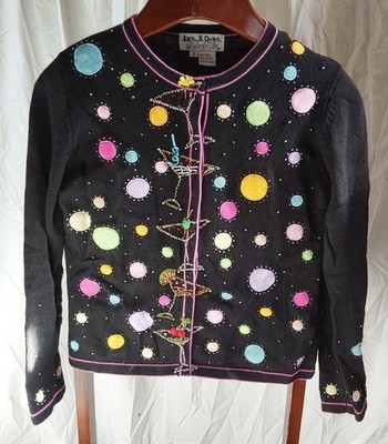 Jack B Quick Polka Dot Cardigan Sweater SMALL Martini Beaded Ugly Christmas Vtg