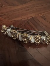 Vtg Gold Tone French BARRETTE Baguette Rhinestone Faux Pearl Hair Clip