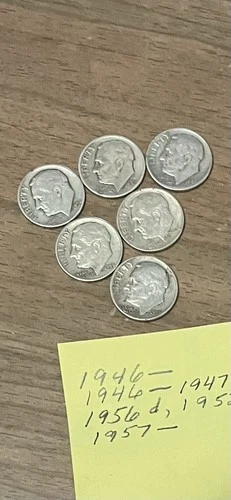 Set of 6/Roosevelt Dimes 1946,’47,’52,’56,’57–circulated/VG-VF Condition