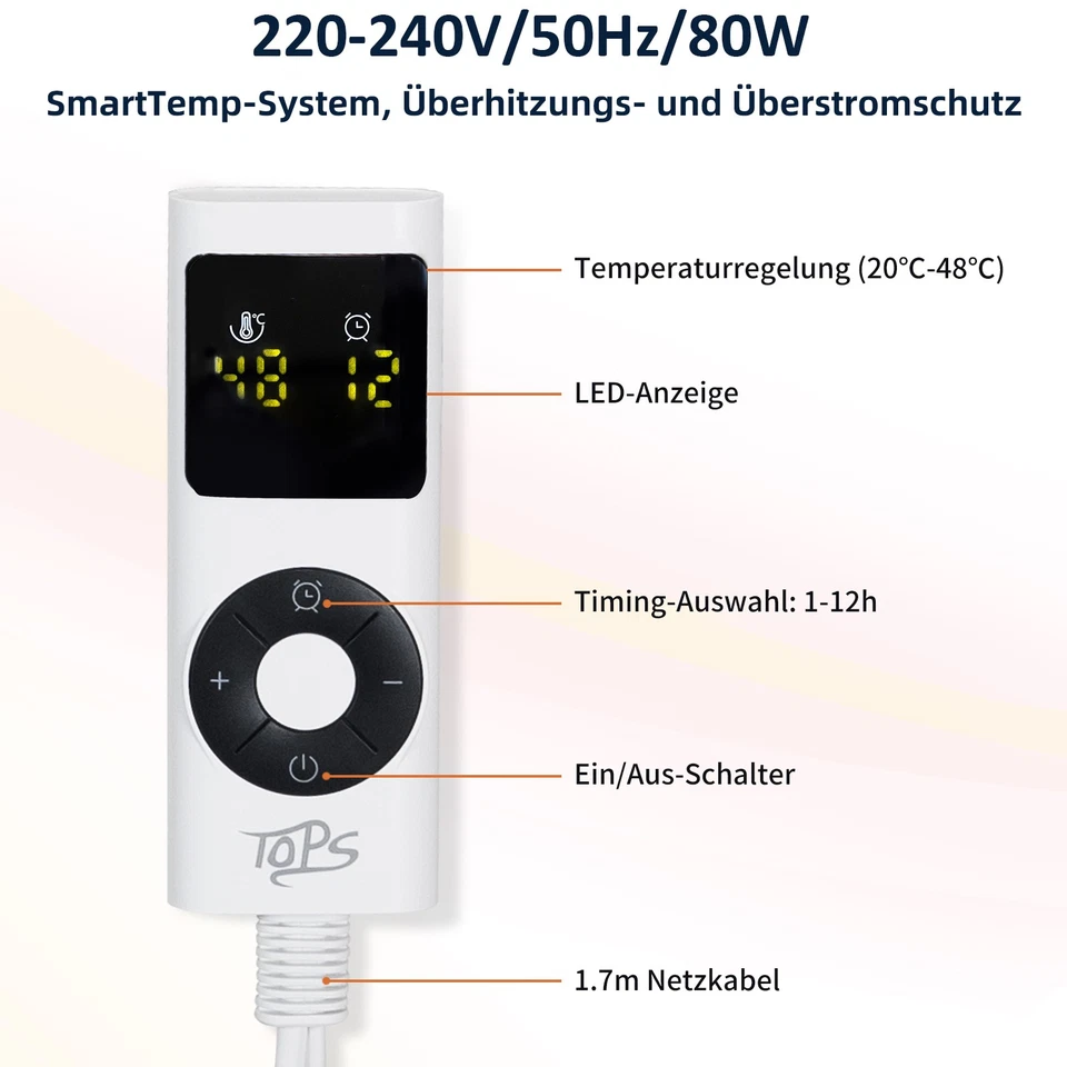 TOPS Heizdecke Wärmedecke Bettdecke 180x130cm 1-12 Stunden Auto-off Timer Sherpa - Bild 3 von 4