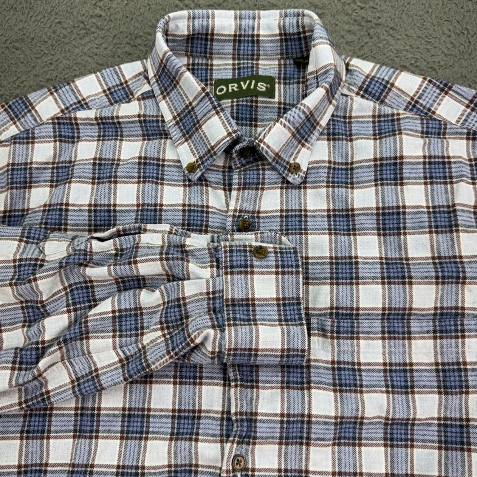 Orvis Flannel Shirt Mens L Blue Plaid Luxury Flannel Cotton Button Down Long Slv