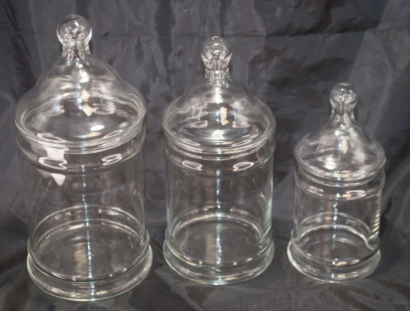 VTG 3 Apothecary Jars/Canister w/Circus Tent Lids Clear Glass-3 Sizes