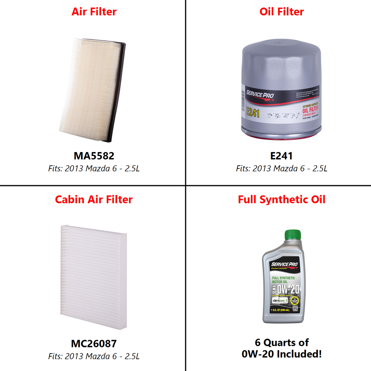 2013 Mazda 6 2.5L Complete Oil, Air & Cabin Filter Kit (0W-20) | eBay