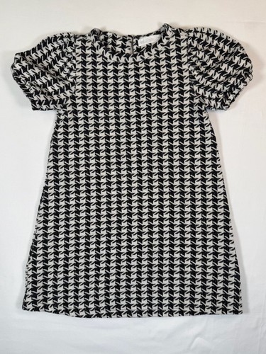 ZARA Girls 9 Knit Dress Black White Houndstooth Puff Sleeve Cozy Minimalist Chic