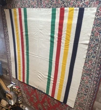 Hudson Bay Vintage 6 Point Multicolor Stripe Wool Blanket England 90” x 97”Large