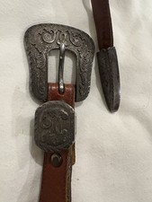 Vtg 1993 Justin Cowhide Size 36 Belt With Fancy Silver tone Belt Buckle Tip  Hi