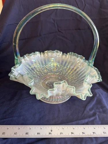 Iridescent Clear Carnival Glass Decorative Basket Round Glossy with Handles