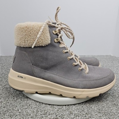 Skechers Leather Boots Womens 9 Glacial Ultra Woodlands Grey Faux Fur Hiking 