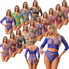 Women See Through Fishnet Naughty Short Sleeve Crop Top & High Waist Briefs Set