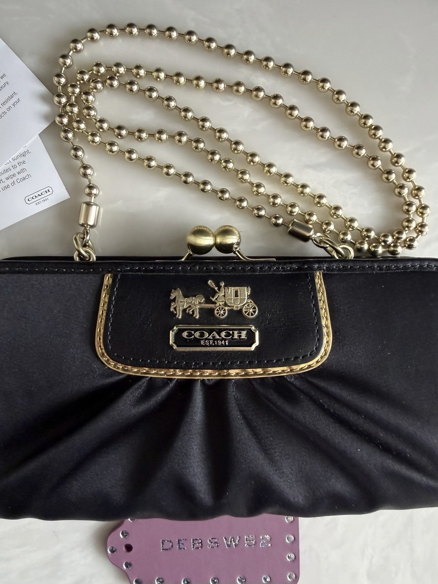 COACH AMANDA DARCY BLACK SATIN/LEATHER BEADED CHAIN KISSLOCK