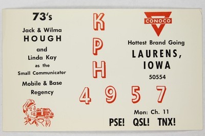 Vintage Conoco Oil QSL Card KPH 4957 Laurens Iowa Jack Wilma Hough Gas Station