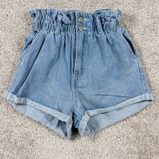 Shein Women Light Wash Blue Paperbag Waist Denim Shorts Small High Rise Cuffed