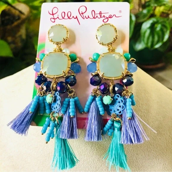 LILLY PULITZER 耳环 🩷NWT ISLAND 异国情调热带蓝色流苏珠 POST — 第 3/4 张图片