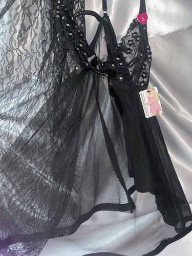 VTG STYLE SHEER NYLON WHIMSIGOTH MESH STRING BIKINI PANTIES BABYDOLL LACY SET L - Picture 6 of 6