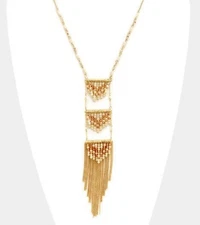Beautiful Ivory & Gold Beaded Fringe Long Necklace. Boho Chic  