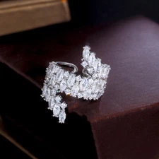 Wrap Around Finger CZ Leaf Adjustable Geometric Ring White Gold Plated Prom Gift