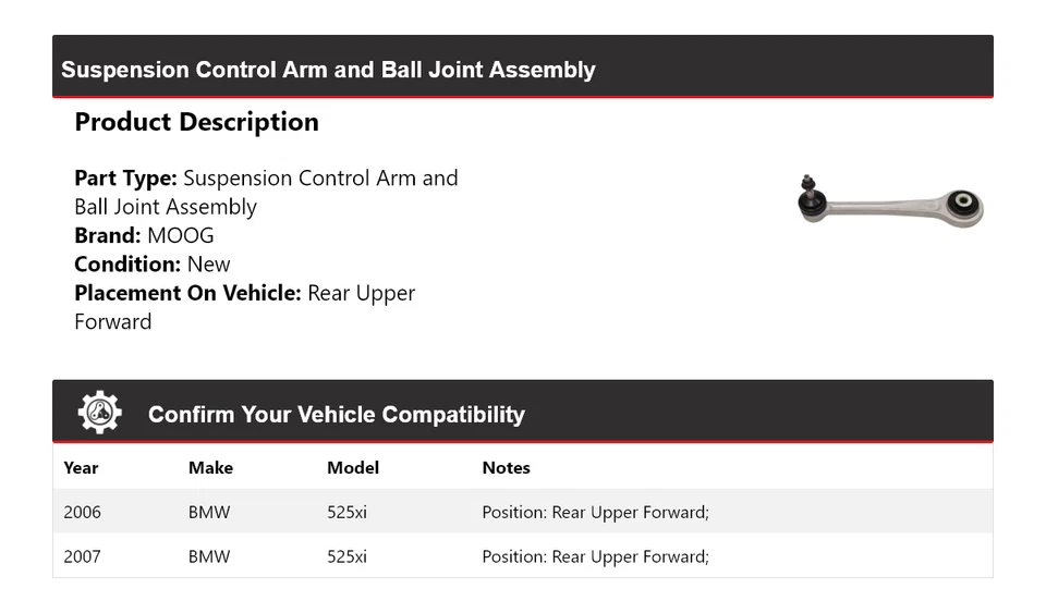 Conjunto de rótula de brazo de control trasero superior delantero MOO para BMW 525xi 2006-2007 Foto 2 de 4