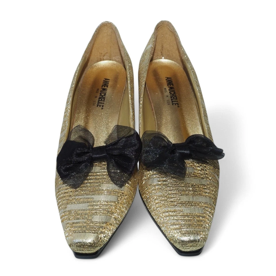 Tacones de salón Anne Michelle vintage con lazo dorado/negro para mujer 8 Foto 3 de 4