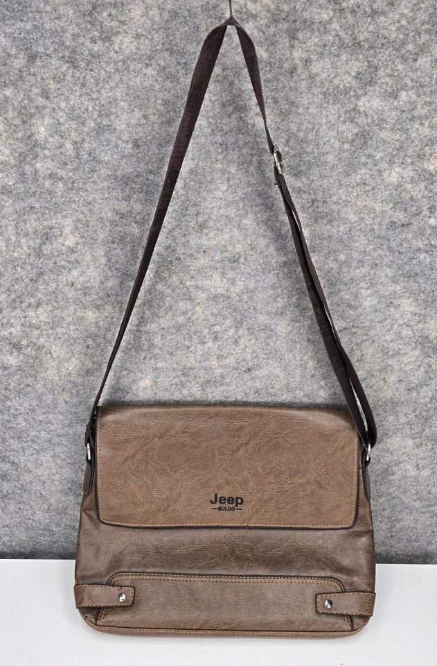 Jeep Buluo Bolso Mensajero de Hombro Cuero Marrón Bandolera Correa 13x10 RARO Foto 3 de 4
