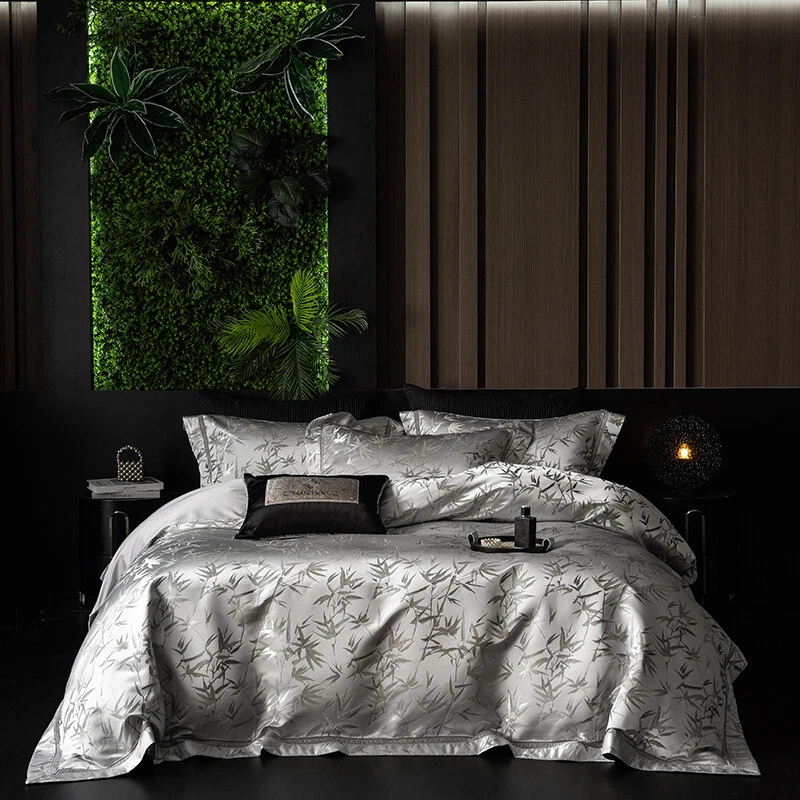 Yarn-dyed Jacquard Bedding Set 4pcs Quilt Cover Flat Sheet 2 Pillowcases Bamboo - Image 2 of 4