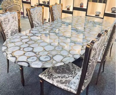 Oval White Agate Dining Table Top, Agate Stone table, Office Meeting Table Slabs