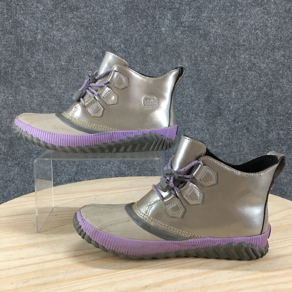 Sorel Duck Boots Youth 6 Snow Silver Purple Leather Lace Up Ankle Top Waterproof - Image 2 of 4
