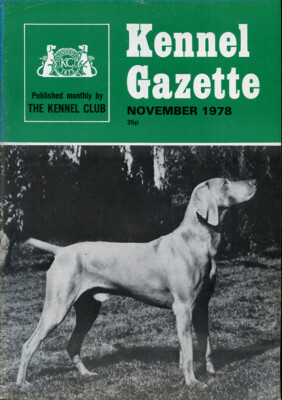 WEIMARANER HUND auf dem Cover KENNEL GAZETTE November 1978 KC Zeitschriftenveröffentlichung
