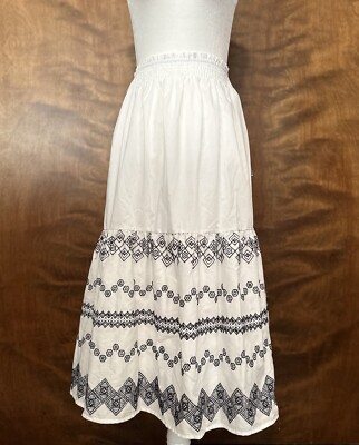 Draper James Embroidered Midi Skirt Womens L Black & White Smocked Waist A-Line 
