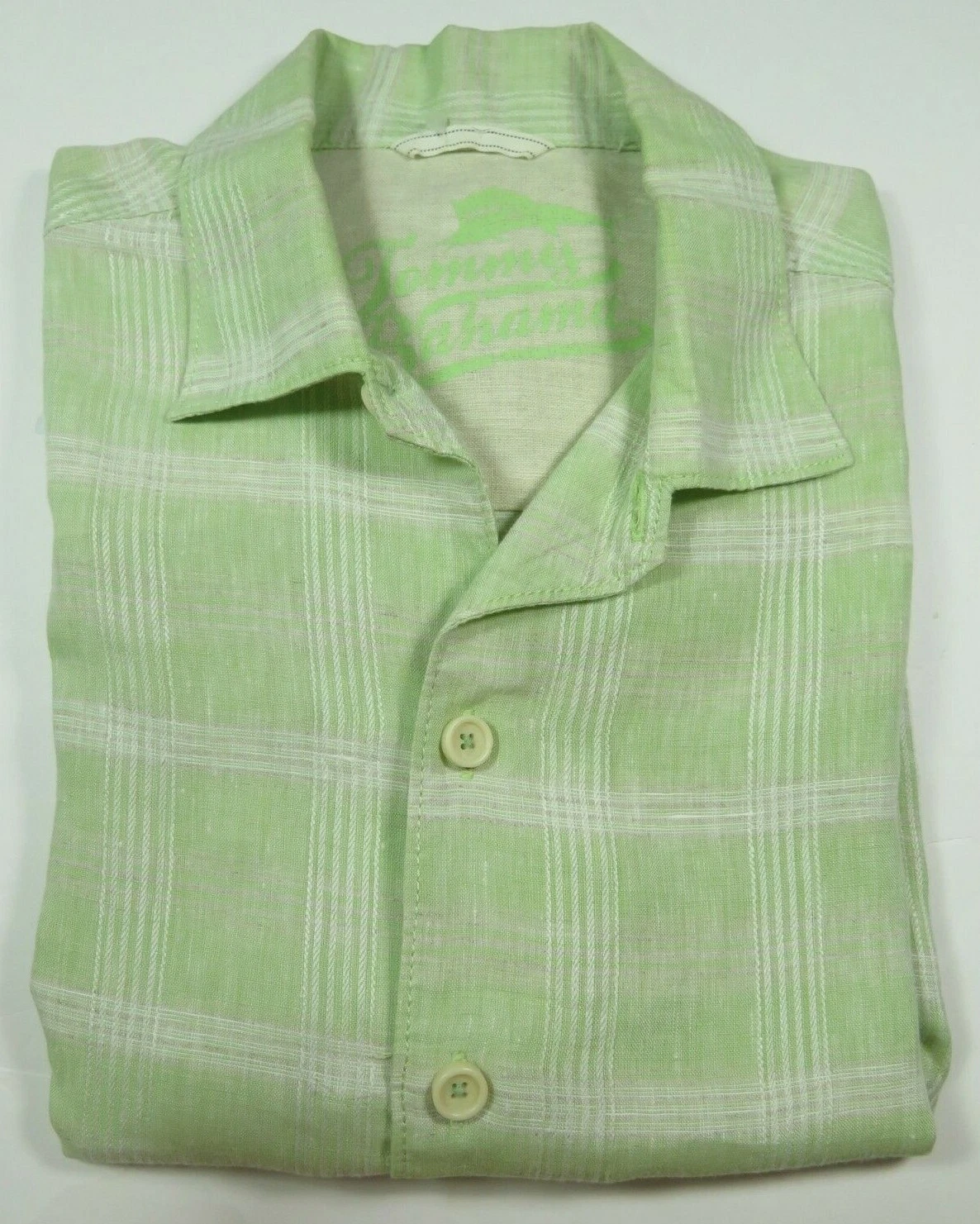 Tommy Bahama Mens Pure Linen Green Checks Windowpane Summer Casual Shirt Medium