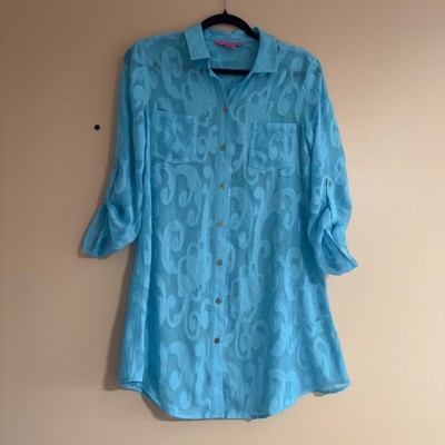 Lilly Pulitzer Blue Scroll Jacquard Roll Tab Tunic Button Down Top XS 001274