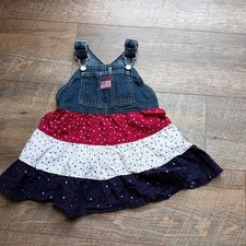 Oshkosh Overall Denim Tiered Dress Red White Blue Striped With Stars 18 Month