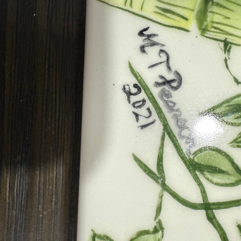 Arte azulejo bambu linda flor azul borboleta inspiração asiática pintada à mão 8x10” - Imagem 2 de 4