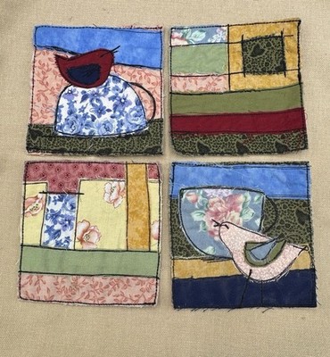Handmade Quilt Block Art Set 4 Bird & Teacup Cottage Patchwork 4.25  