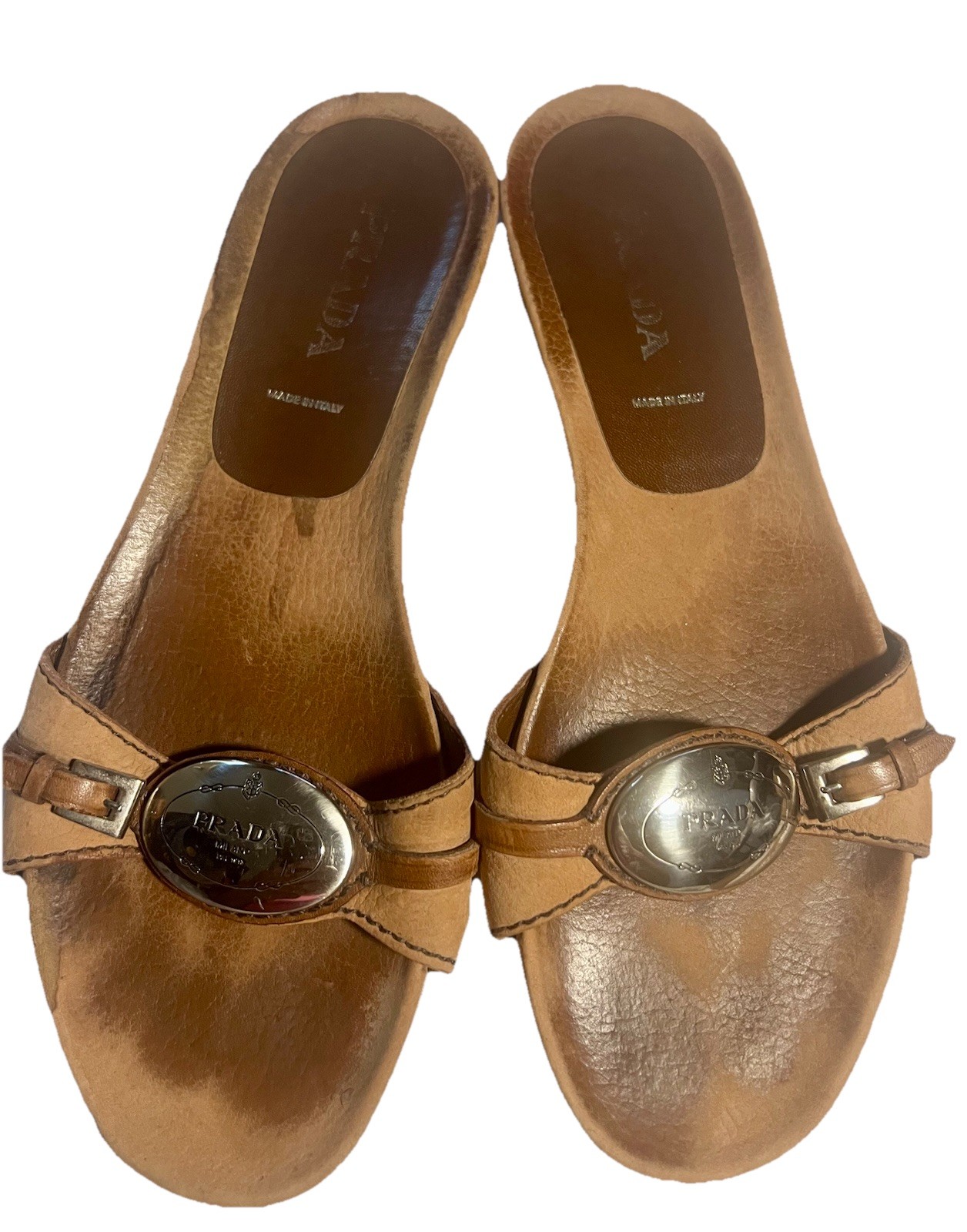 Prada Brown Leather Buckle Silver Logo Sandals Size 37 1/2