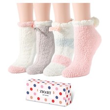 Zmart Fuzzy Socks with Grips - Women Medium, Light Pink/White/Gray 4 Pack