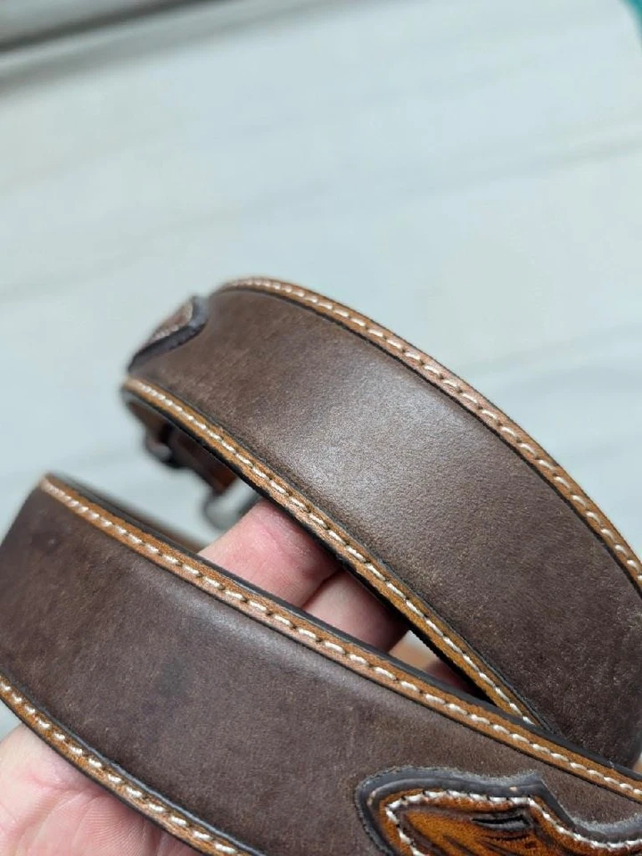 Vintage ARIAT Hebilla Cinturón TOOLED Cuero 38 Marrón OCCIDENTAL Marrón VAQUERO Foto 3 de 4