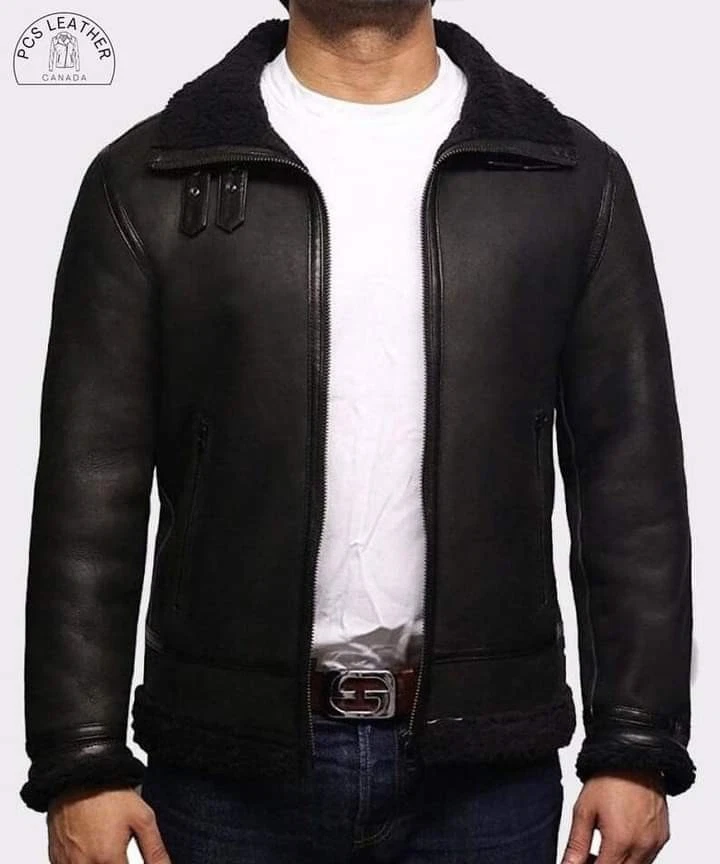Men's Black Aviator Shearling Leather Jacket B3 Bomber Flight Pilot Winter Coat