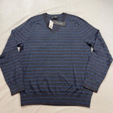 Banana Republic Mens Italian Merino Wool V-Neck Striped Sweater Grey Blue L NWT