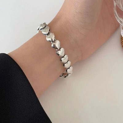 925 Sterling Silver Elegant Vintage Love Heart Link Bracelet Unique Party Bangle