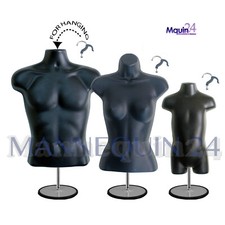 3 Mannequin Torsos Male Female Toddler Black Body Forms  Stands  Hanging Hooks