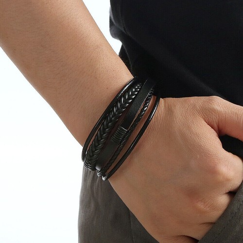 Men Bracelet Gift Jewelry Raided Leather Bracelet Multi-Layer Magnetic Clasp - Picture 5 of 5