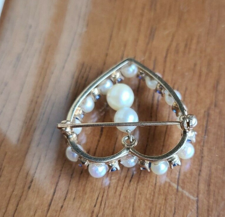 14k Gold Pearl & Sapphire Heart Brooch Estate Jewelry… Gem