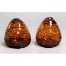 Hand Blown Brown Swirl Art Glass Small Flower Bud Vases Pair 3'' BEAUTIFUL Decor