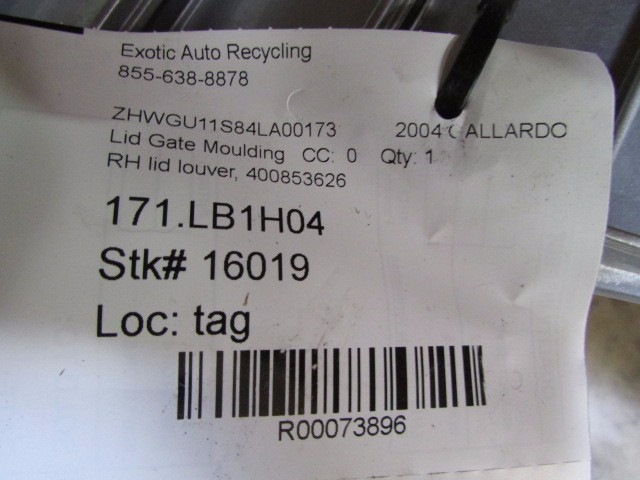 Lamborghini Gallardo, RH, Right Lid Gate Louver Moulding, Used, P/N 400853626